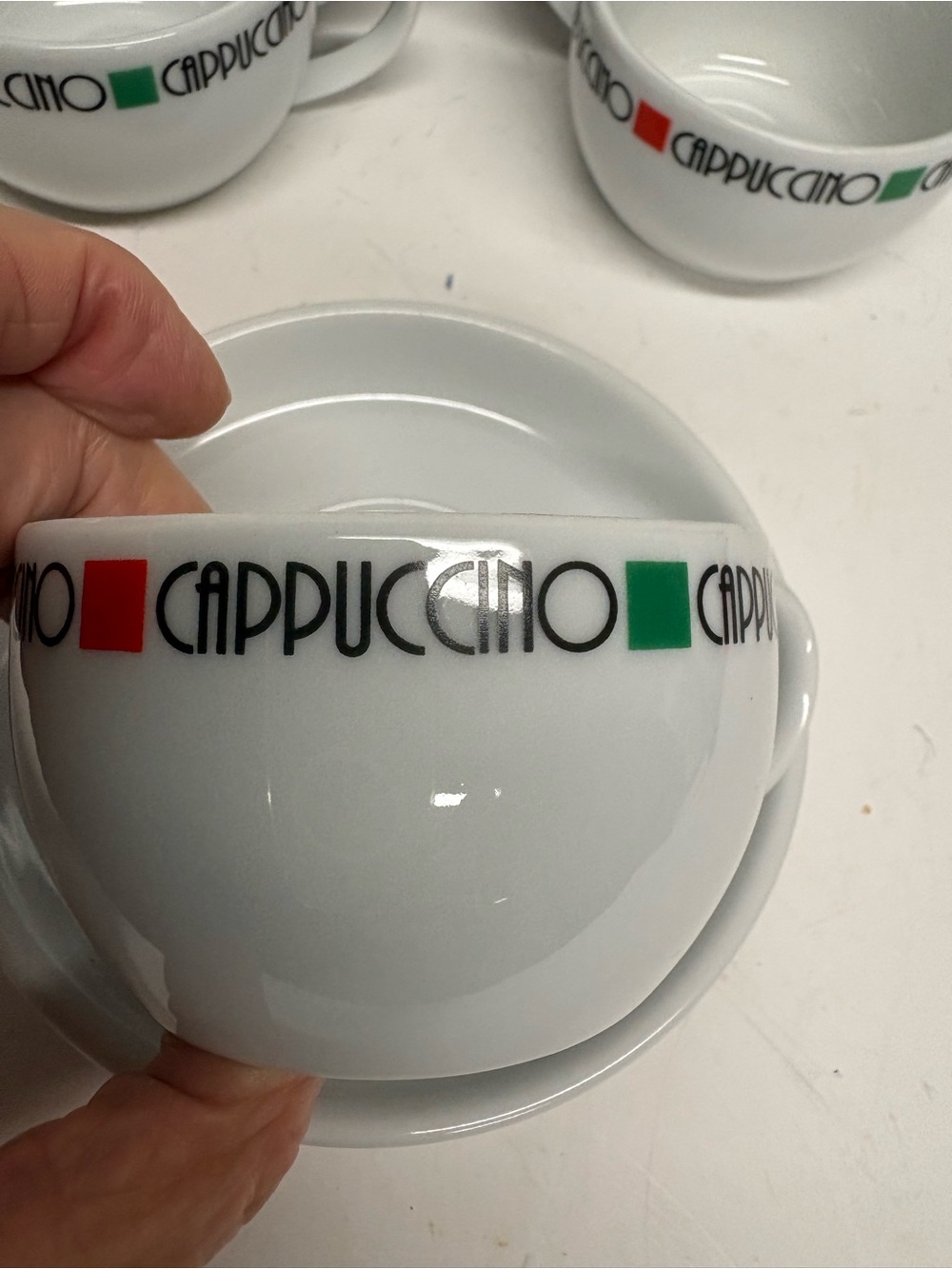 Cappuccino Espresso Cups with Saucers - White with Red & Green Accents Set of 3 - Picture 11 of 12
